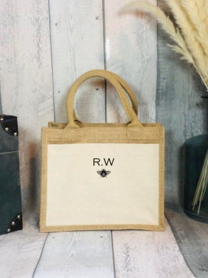 Lua Nova Lunch Bags Personalised Initials & Bee - Canvas Jute Lunch Bag