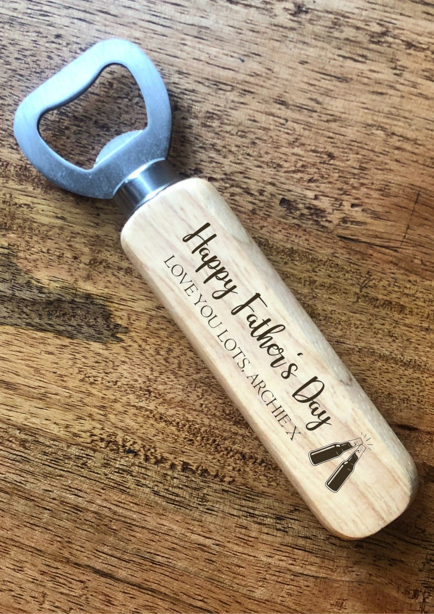 Happy Fathers Day Personalised Present, Beer Lover Personalised Bottle Opener, Wooden Gift for Daddy