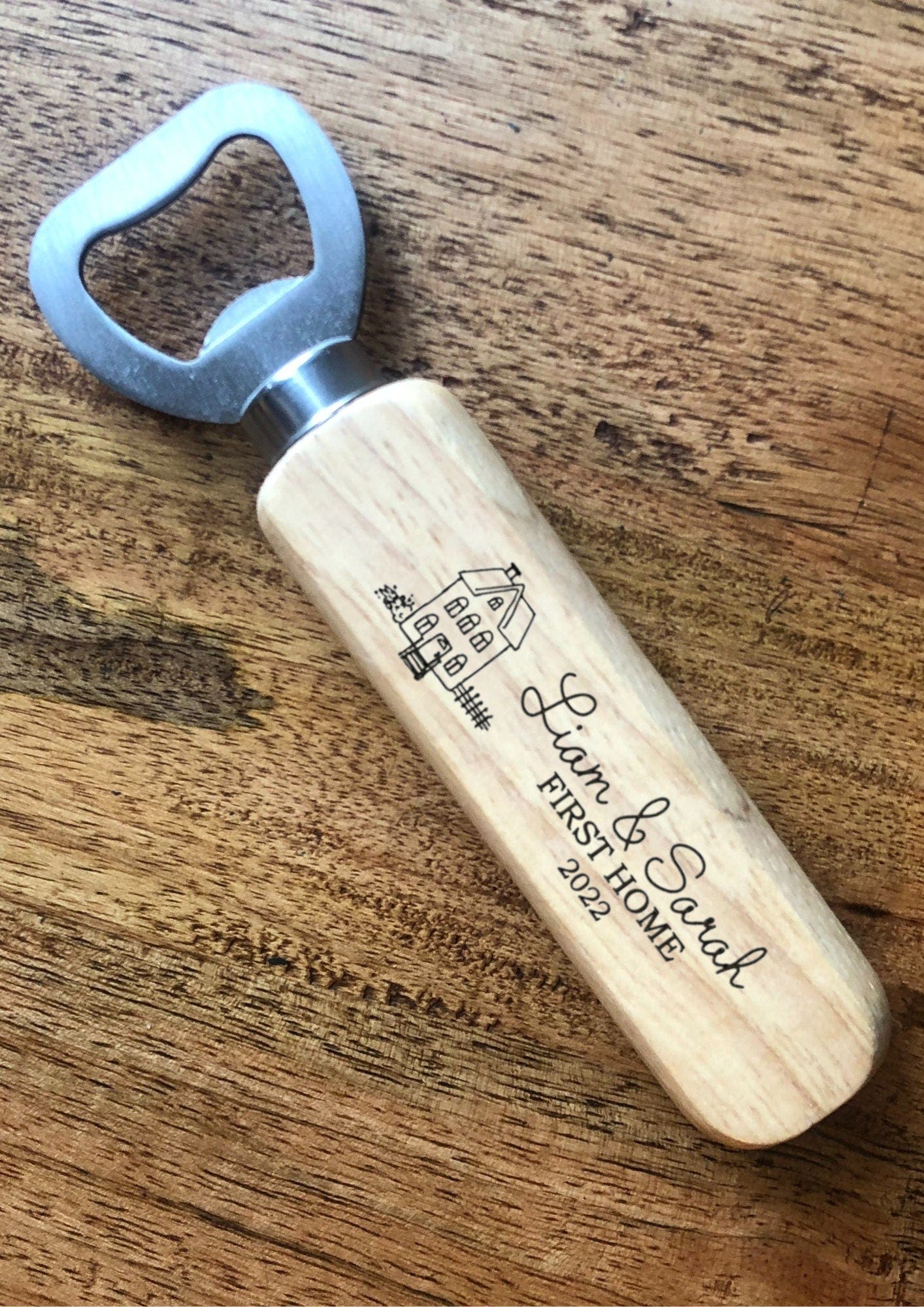 Personalised New or First Home Wooden Gift. Wood Bottle Opener