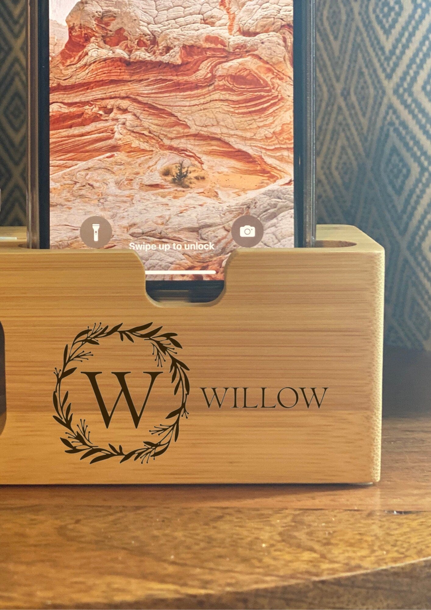 Monogram and Name on Wood Docking Station for iPhone and Apple Watch. Personalised with Laser Engraved Design. Bamboo Wood Charging Station.