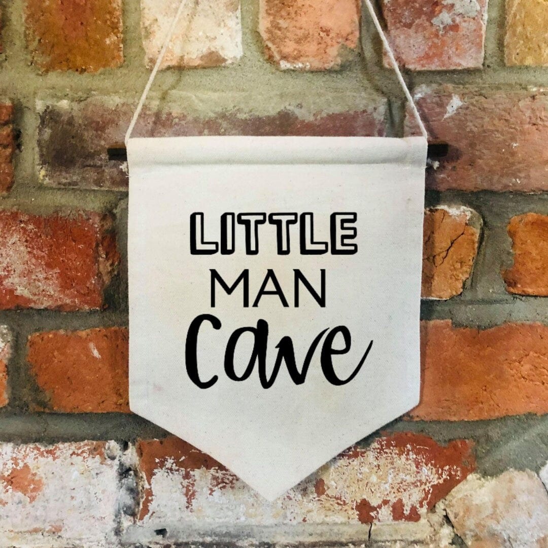 Children's Banner for Bedrooms, Nurseries, Playrooms with Affirmation ' Little Man Cave '. Wall Hanging Cotton Canvas.