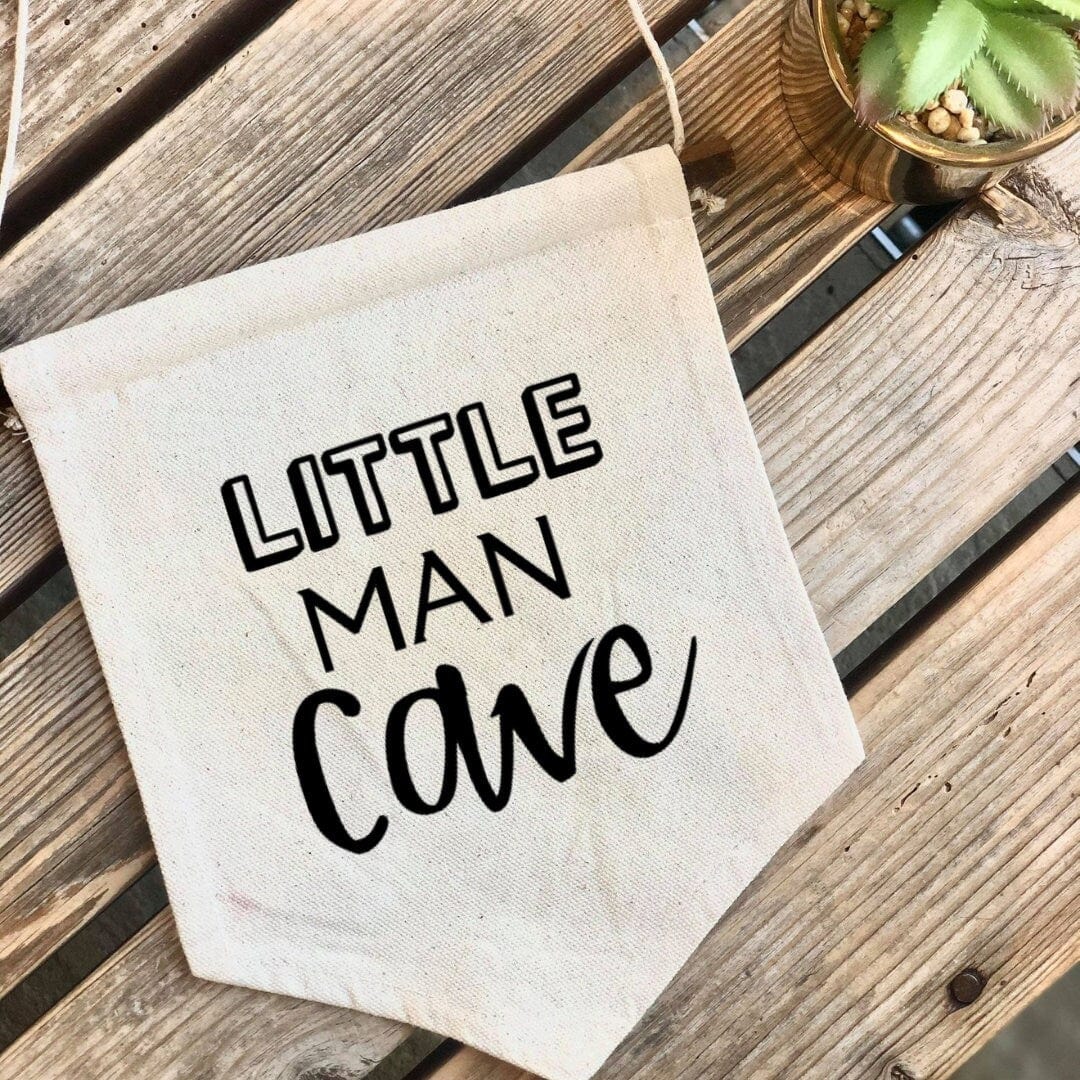 Children's Banner for Bedrooms, Nurseries, Playrooms with Affirmation ' Little Man Cave '. Wall Hanging Cotton Canvas.