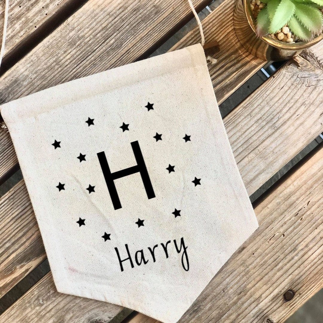 Personalised Children's Bedroom Banner with Initial and Name. Wall Hanging Cotton Canvas. Nursery and Playrooms. Personalised